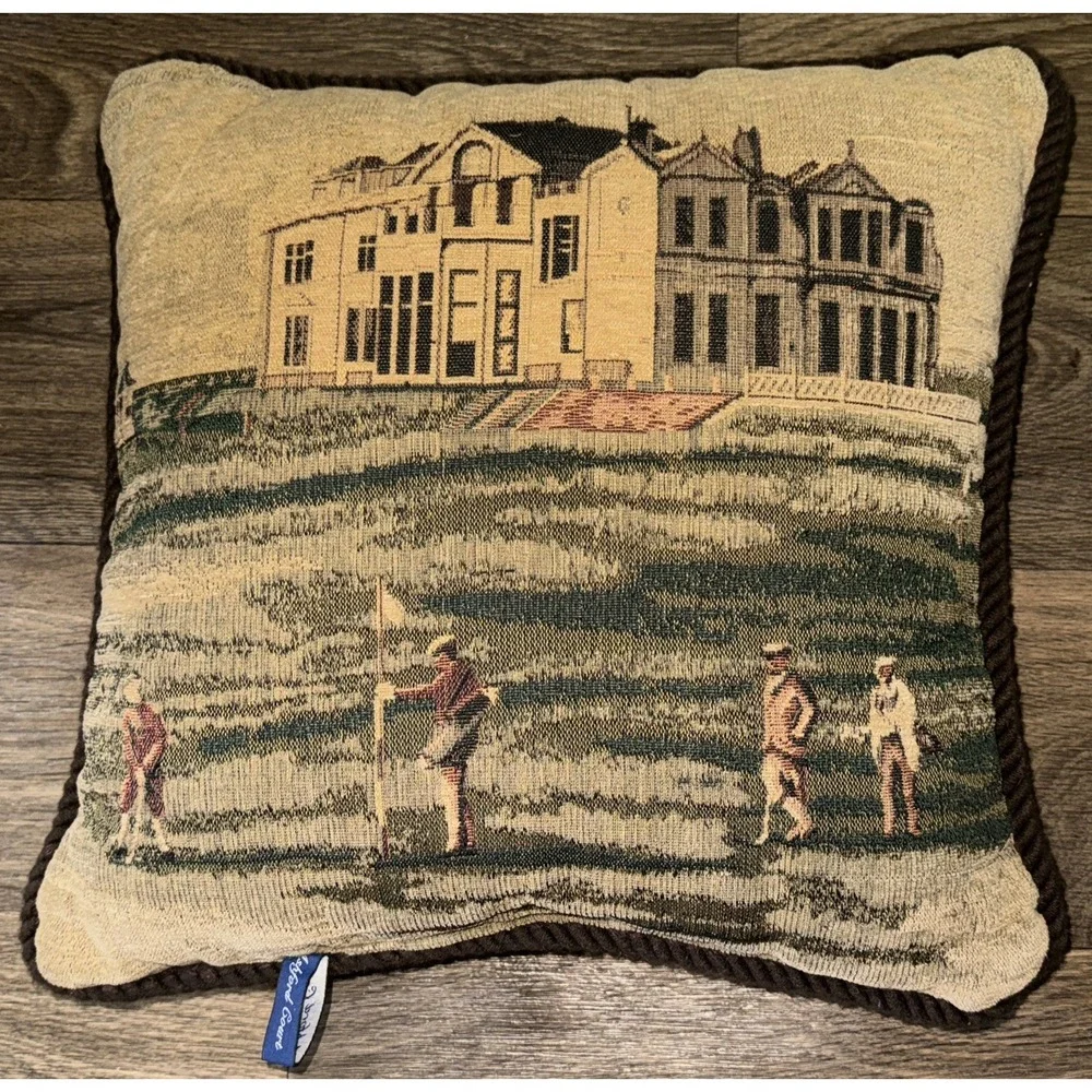 Vtg Ashford Court Jacquard Corded Golf At The Estate Accent Pillow 16 X 16